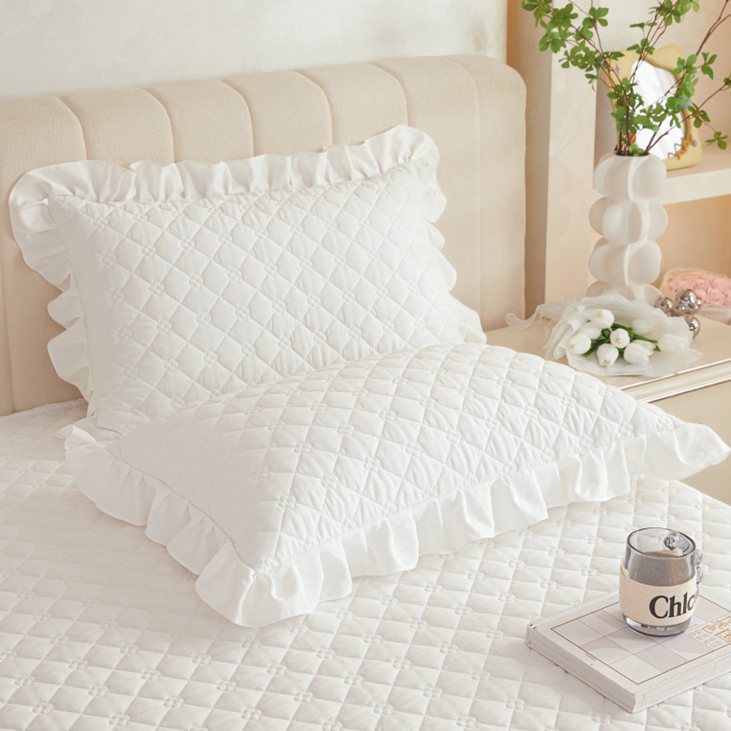 A类水洗棉夹棉绗缝枕套一对装