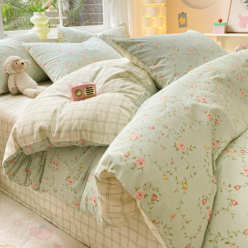 田园风全棉床上四件套韩式小清新纯棉床笠被套学生宿舍床单三件套