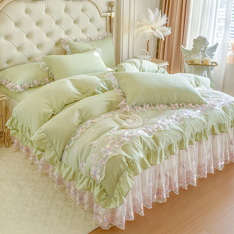 法式全棉加厚床裙四件套韩式小清新蕾丝花边纯棉被套四季通用床罩