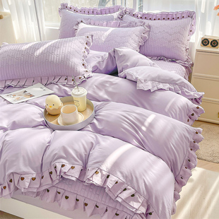 床上四件套全棉套纯棉高级感轻奢带花边夹棉床笠款床罩四季防滑套