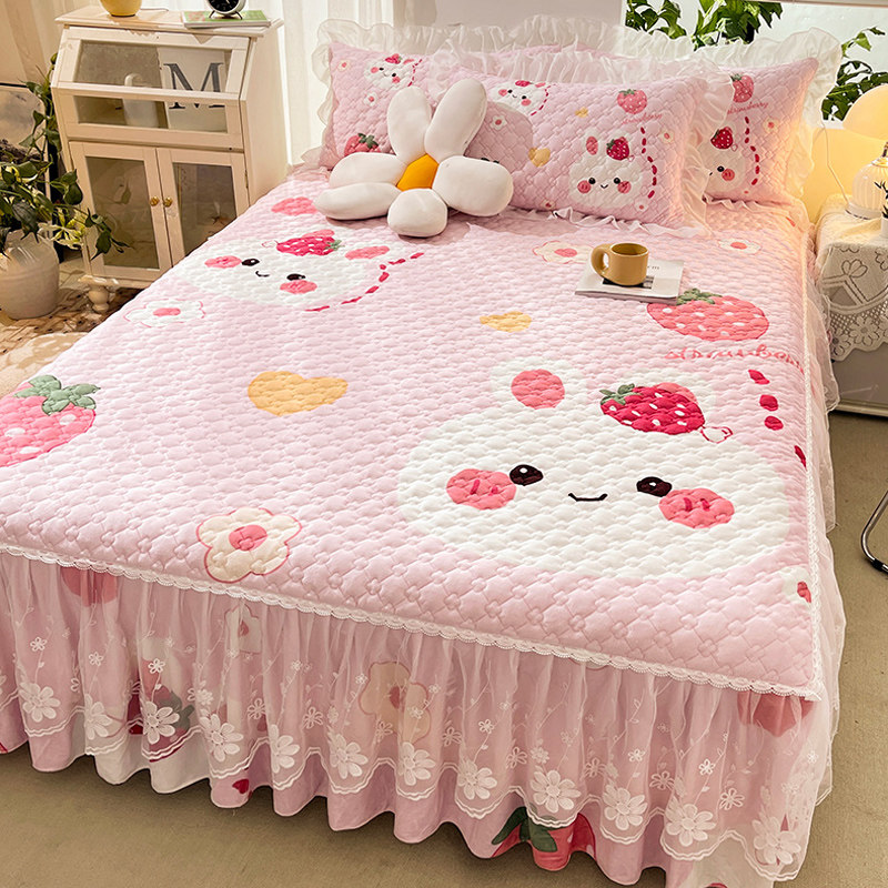 秋冬可爱卡通水晶绒床裙单件夹棉床单牛奶珊瑚绒床围裙三件套床罩