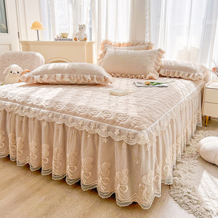 韩式 三件套公主风蕾丝花边单件加绒加厚床罩 保暖牛奶绒夹棉床裙款