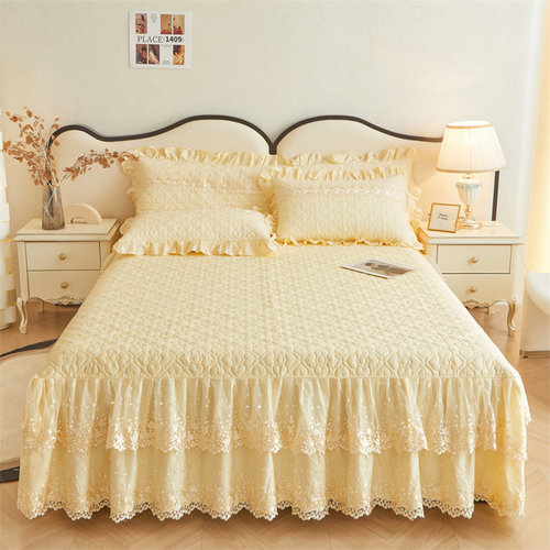 全棉加厚床裙款三件套防滑床罩套