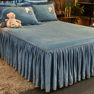 秋冬保暖婴儿绒牀裙式牀罩单件纯色水晶绒加绒牀单加厚珊瑚绒牀套