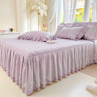 A类高端100支新疆长绒棉全棉夹棉床裙单件刺绣花边床群罩四季通用