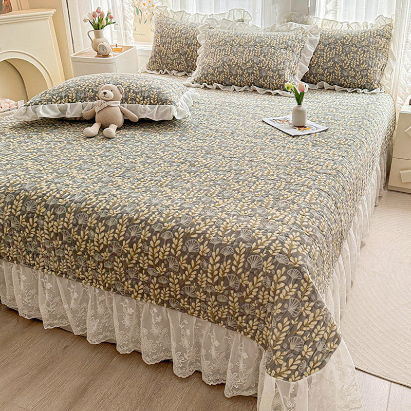 冬天加厚牛奶绒床盖带裙边高档田园公主风花边床单三件套炕盖保暖