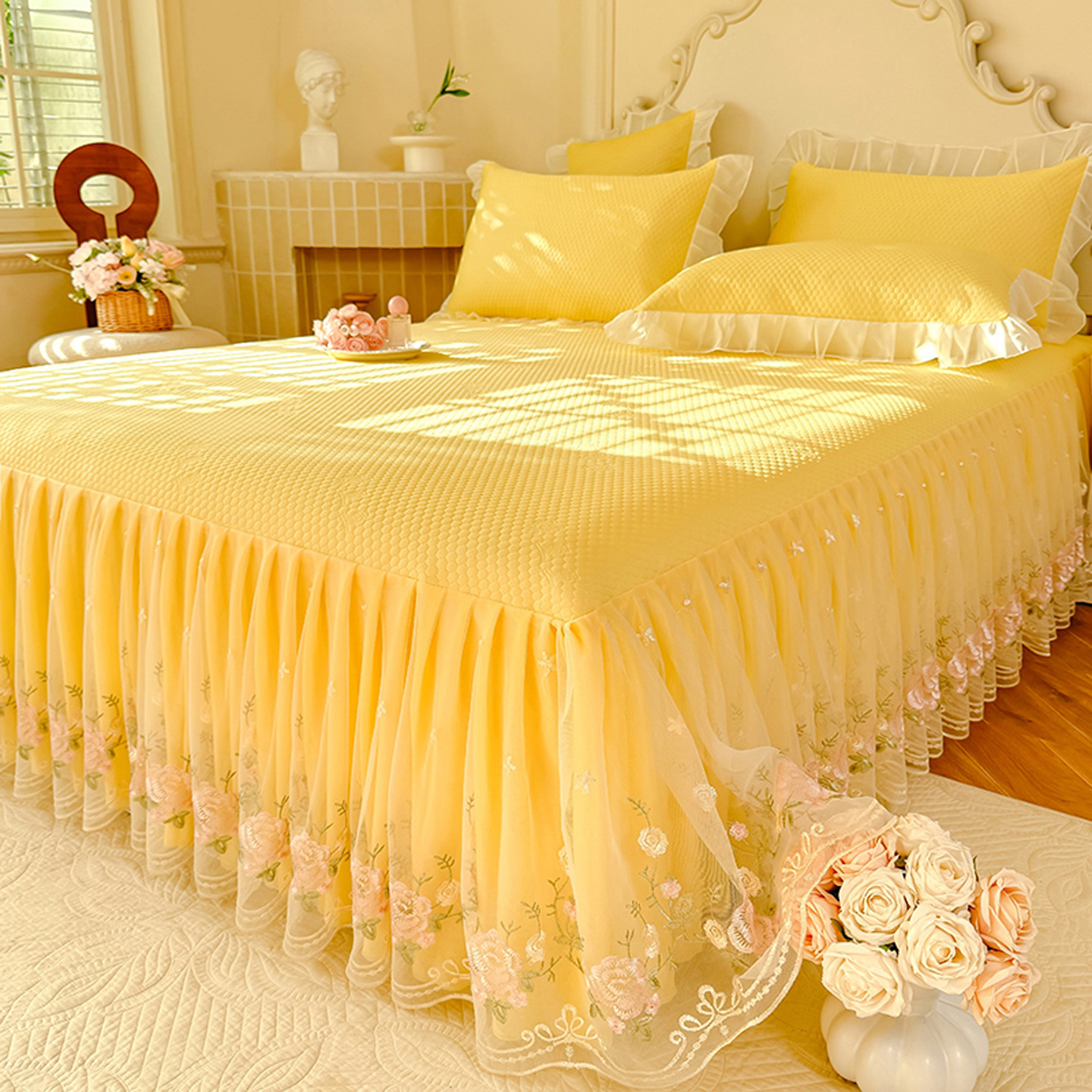 夏季凉豆豆凉席床裙款三件套2025新款公主风花边冰丝席床罩空调凉