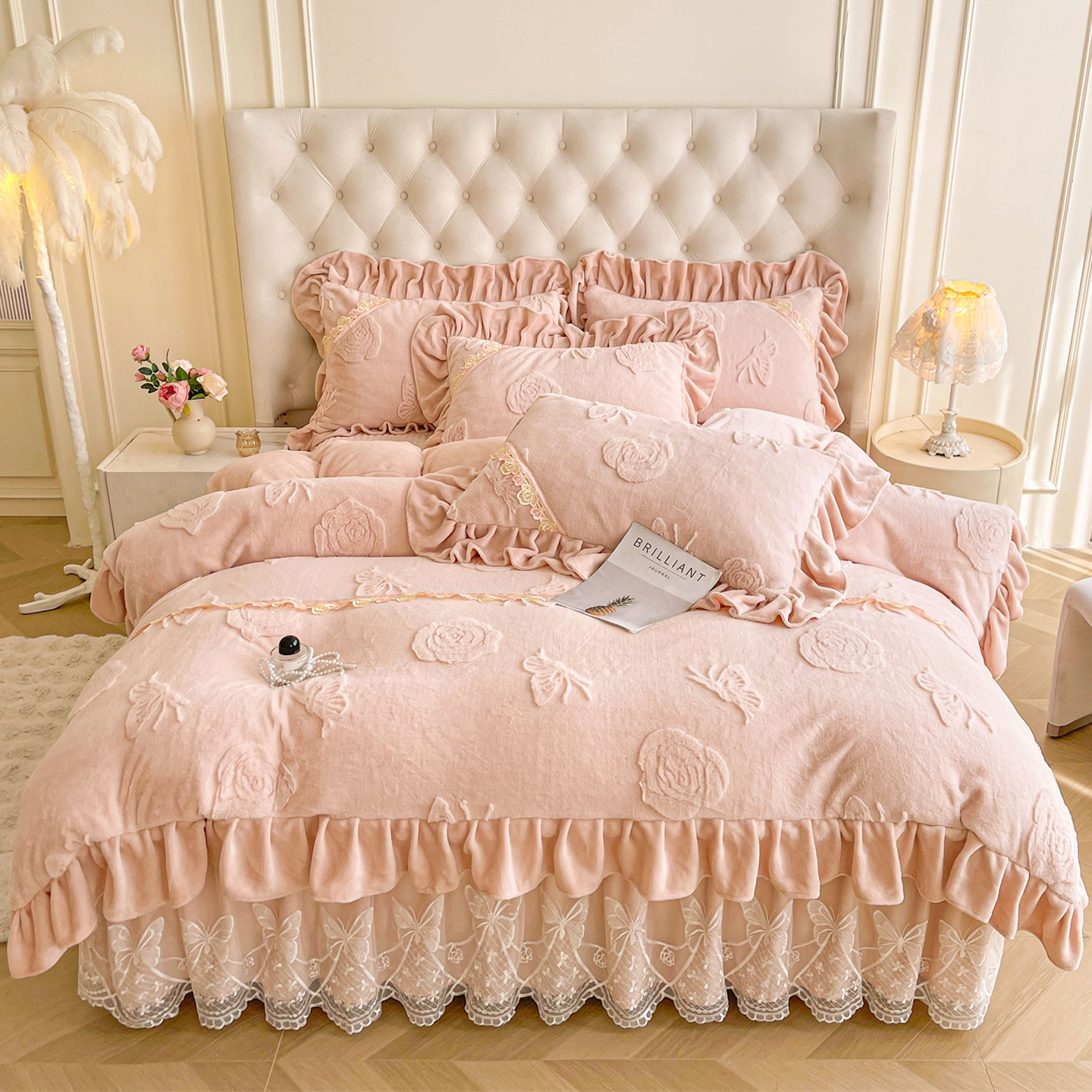 冬季高端兔绒提花牛奶绒被套单件公主风荷叶花边双面加绒加厚保暖