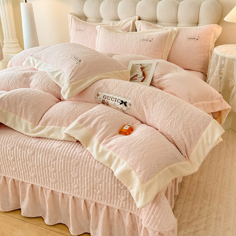 冬季加厚牛奶绒床盖四件套韩版简约保暖双面加绒被套夹棉床单被单