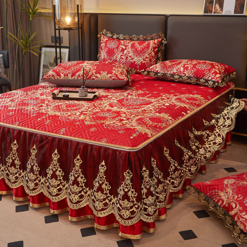 夏季冰丝凉席床笠床裙款三件套婚庆大红色轻奢高级感可机洗空调凉,床上用品,冰丝席,淘宝优惠券,粉丝福利购,淘宝优惠卷