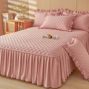 简约纯色夹棉床笠式床裙二合一体床罩单件床围保护套四季通用防滑