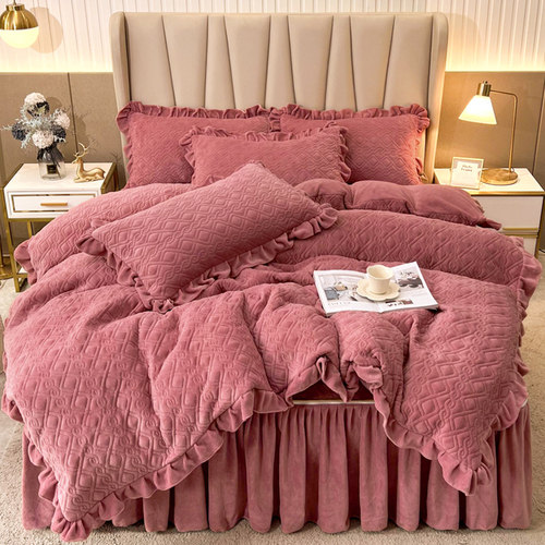 冬季欧式高档加厚床笠式床裙四件套牛奶绒全夹棉被套加绒保暖床上