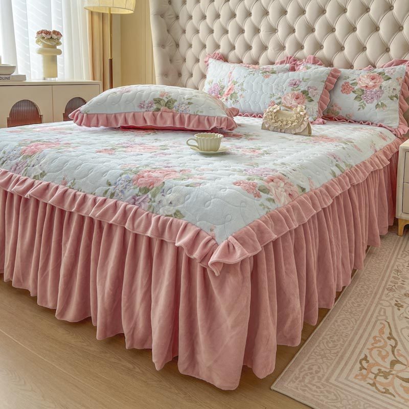 冬季高克重牛奶绒床笠式床裙款三件套田园风加绒加厚单件防滑床罩,床上用品,床裙,淘宝优惠券,粉丝福利购,淘宝优惠卷