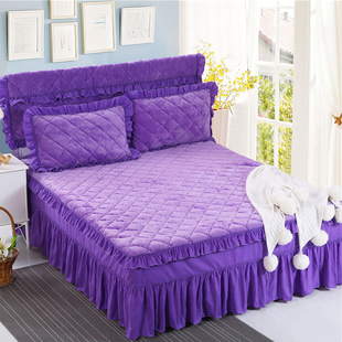 加厚法兰绒莱绒夹棉床裙式 珊瑚绒防滑床套 单件加绒床罩保暖秋冬季