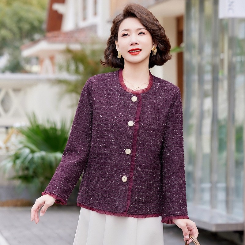 小个子妈妈装上衣秋季新款小香风圆领50-60岁气质中老年女装外套