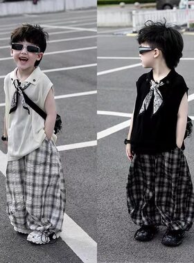男童夏套装儿童背心灯笼裤2025新款痞帅男式小童装无袖夏季老钱风