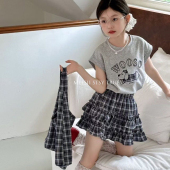 短袖 女童套装 儿童夏装 2025新款 洋气小女孩格子蛋糕裙两件套潮 夏季