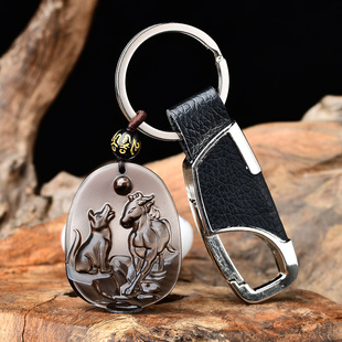 2026年属虎吉祥物黑曜石生肖虎三合吊坠马形狗形饰物饰品佩戴项链