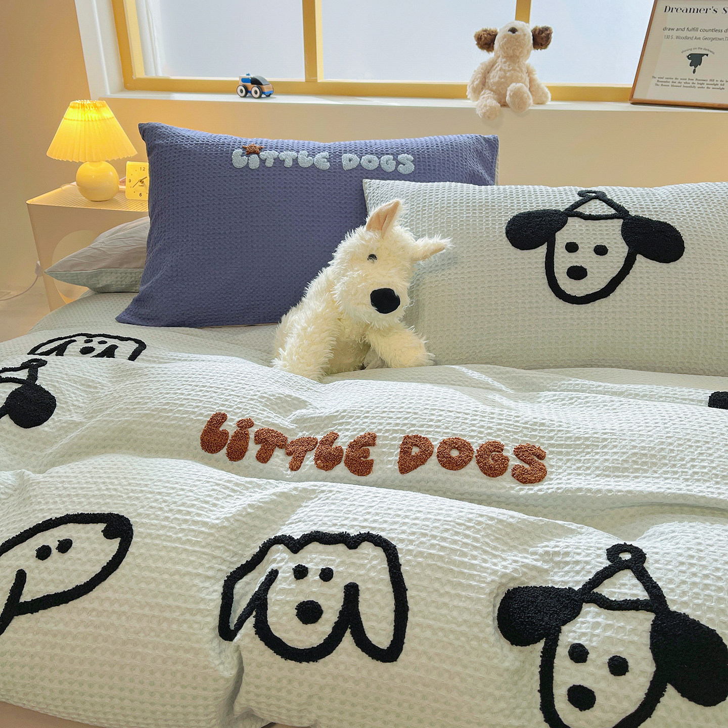 A类全棉华夫格毛巾绣水洗棉床上四件套纯棉被套床单人小狗三件套4,床上用品,床品套件/四件套/多件套,淘宝优惠券,粉丝福利购,淘宝优惠卷