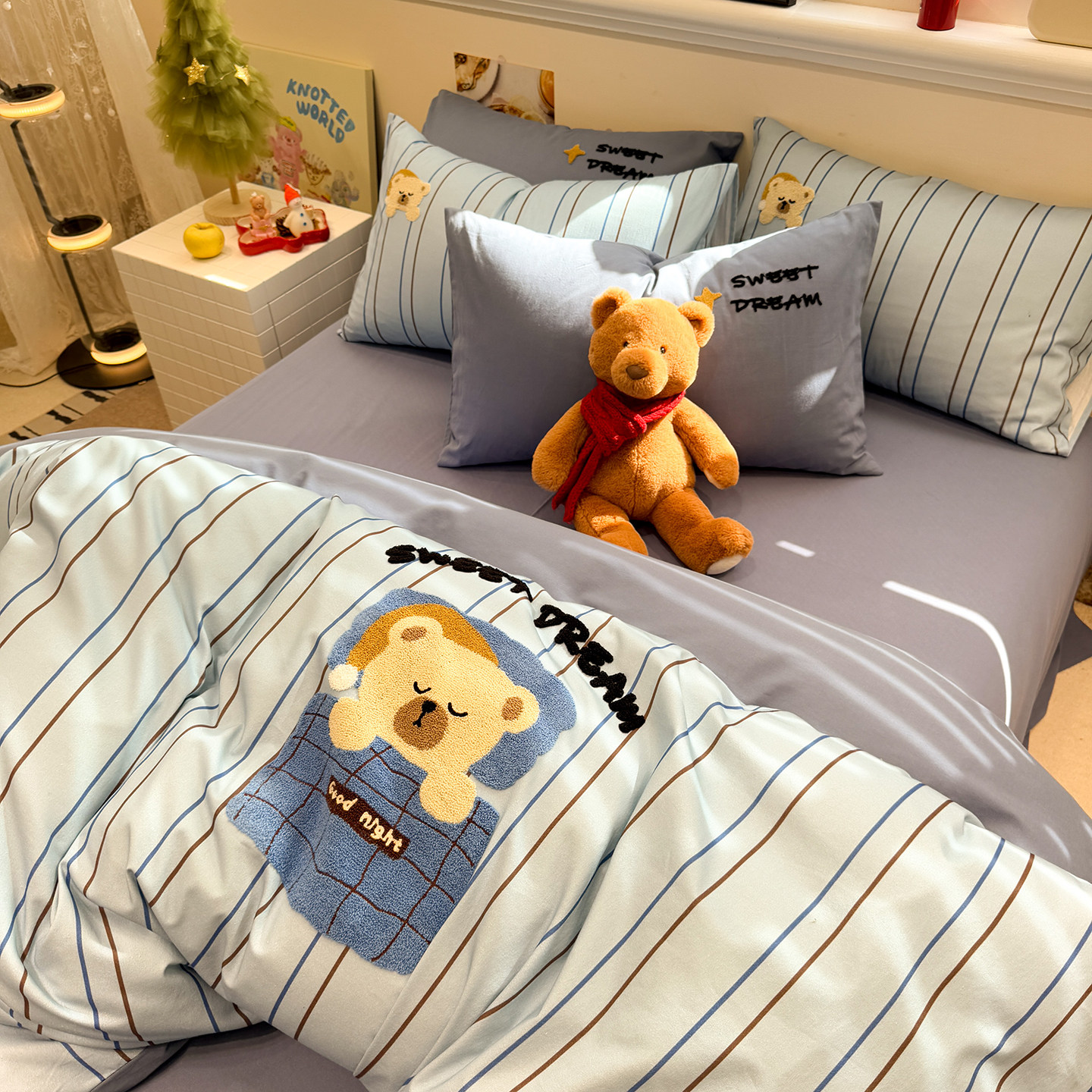 加厚100全棉磨毛卡通毛巾绣四件套少女心小清新纯棉被套床笠床品4