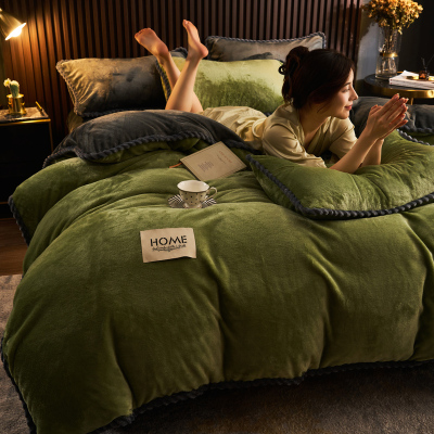 冬季加厚牛奶绒纯色四件套2025新款纯绿色加绒防静电被套床笠床品