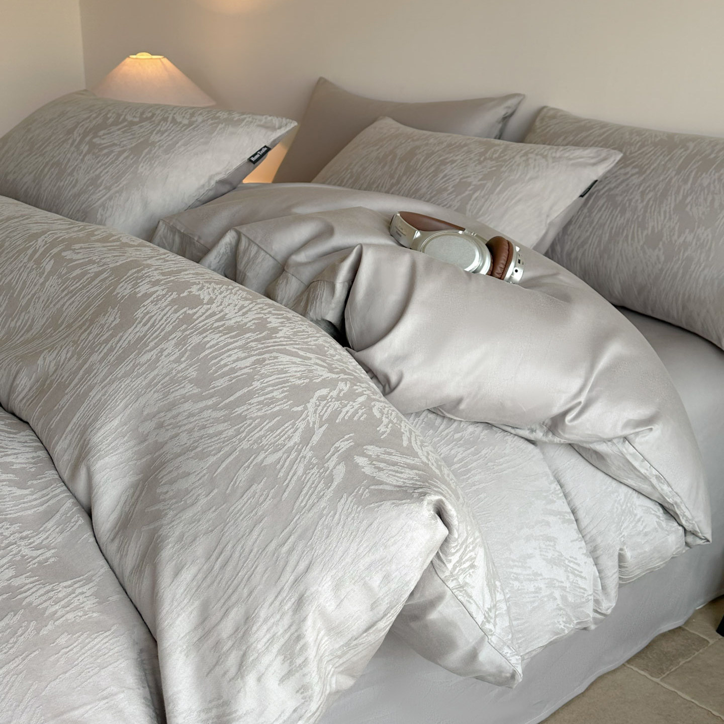 轻奢高级感100全棉床上四件套纯棉灰色提花被套宿舍床单人三件套4