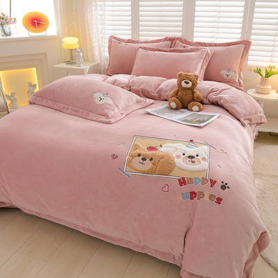 冬季高克重牛奶绒贴布绣四件套轻奢高级感a类母婴级防静电床笠款