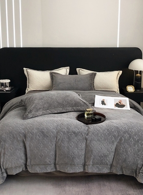 高级感纯黑灰色雕花牛奶绒四件套高端轻奢床笠款珊瑚绒法莱绒床品