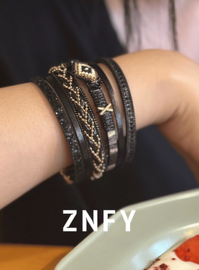 ZNFY欧美爆款合金磁铁扣手镯米珠编织皮革手链手镯波西米亚风