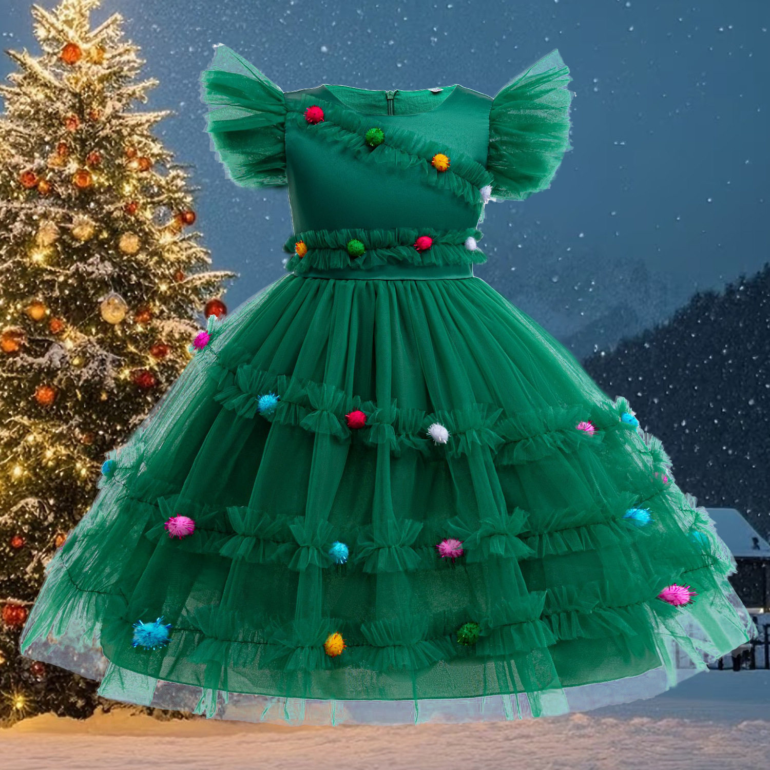 外贸绿色圣诞树精灵聚会万圣礼服女童飞袖彩色毛球拼接网纱蓬蓬裙