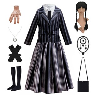 女童亚当斯一家星期三COS扮演服小狼女辛克莱同款条纹西装连衣裙