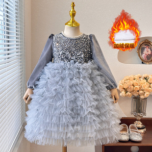 女童长袖亮片高级加绒蛋糕裙秋冬蝴蝶结凸凸蓬蓬裙洋气好看旅游裙