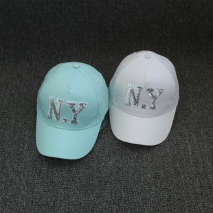 春夏季儿童棒球帽纯棉薄男女童鸭舌帽子白色亮片字母学生春游遮阳