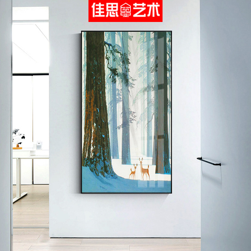 现代简约森林麋鹿玄关装饰画 客厅竖版抽象艺术挂画走廊过道壁画图片