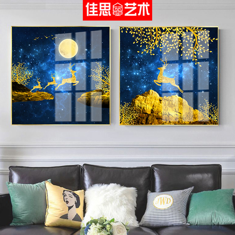 轻奢客厅装饰画 沙发背景墙抽象麋鹿挂画卧室两联方形晶瓷壁画图片