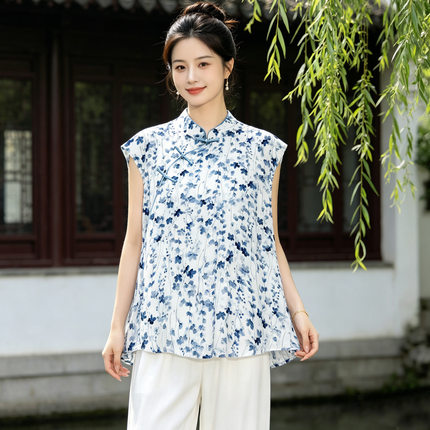 中老年妈妈新中式棉绸无袖坎肩夏宽松碎花人造棉外穿国风女士上衣