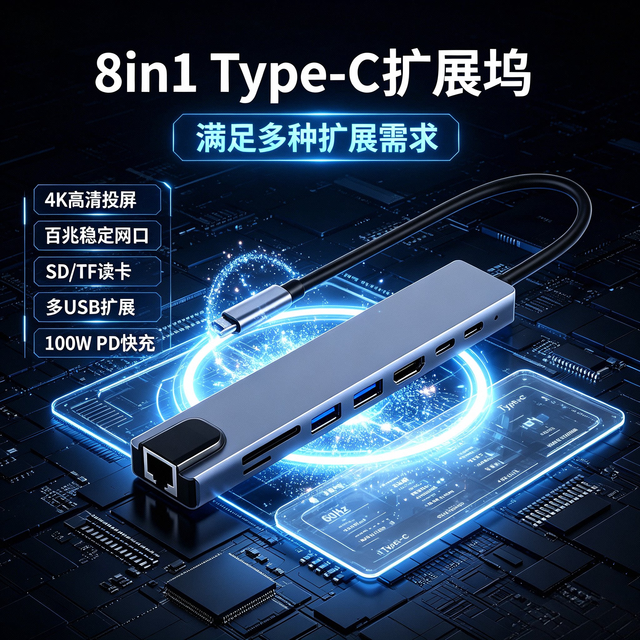 八合一扩展坞笔记本手机集线器网口USB读卡type-c拓展坞促销