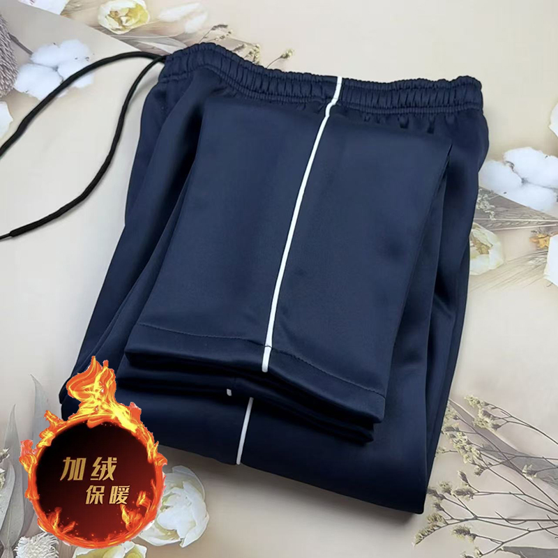 冬季加绒保暖藏蓝色细白条中小学生校裤男女通用宽松直筒运动裤子