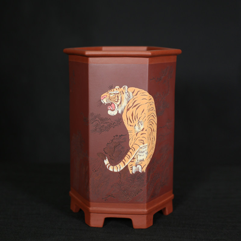 精品紫砂花盆特大六方刻绘老虎摆件画缸盆景盆签筒李超手工蕙兰盆