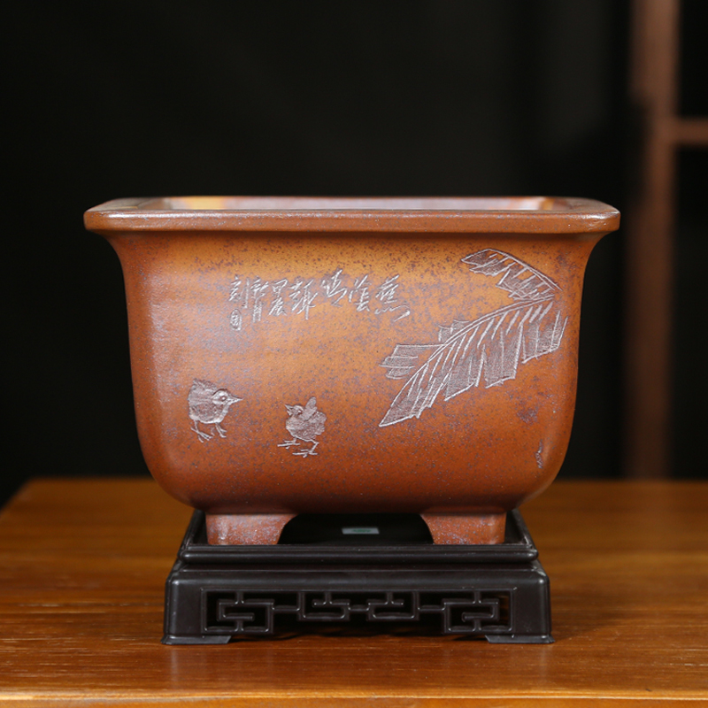 紫砂古典柴烧大号四方盆景盆