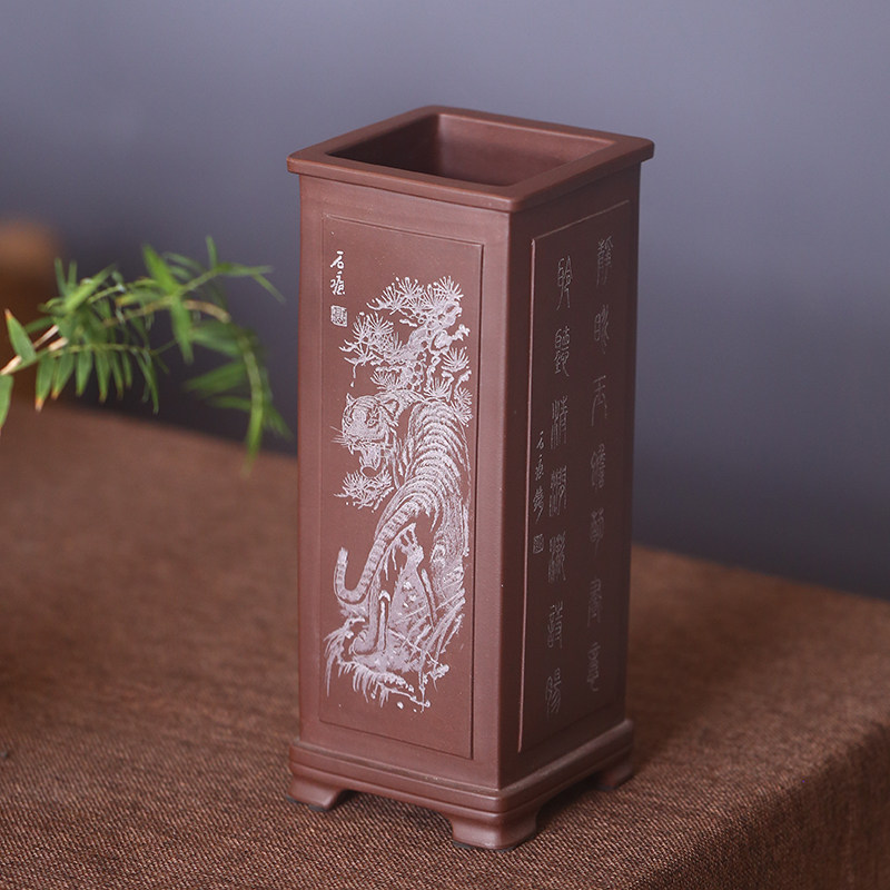 神力精品紫砂花盆艺师石痕手工刻绘四方盆高签筒悬崖盆景盆寒兰盆
