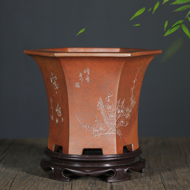 紫砂古典柴烧六方兰花盆盆景盆