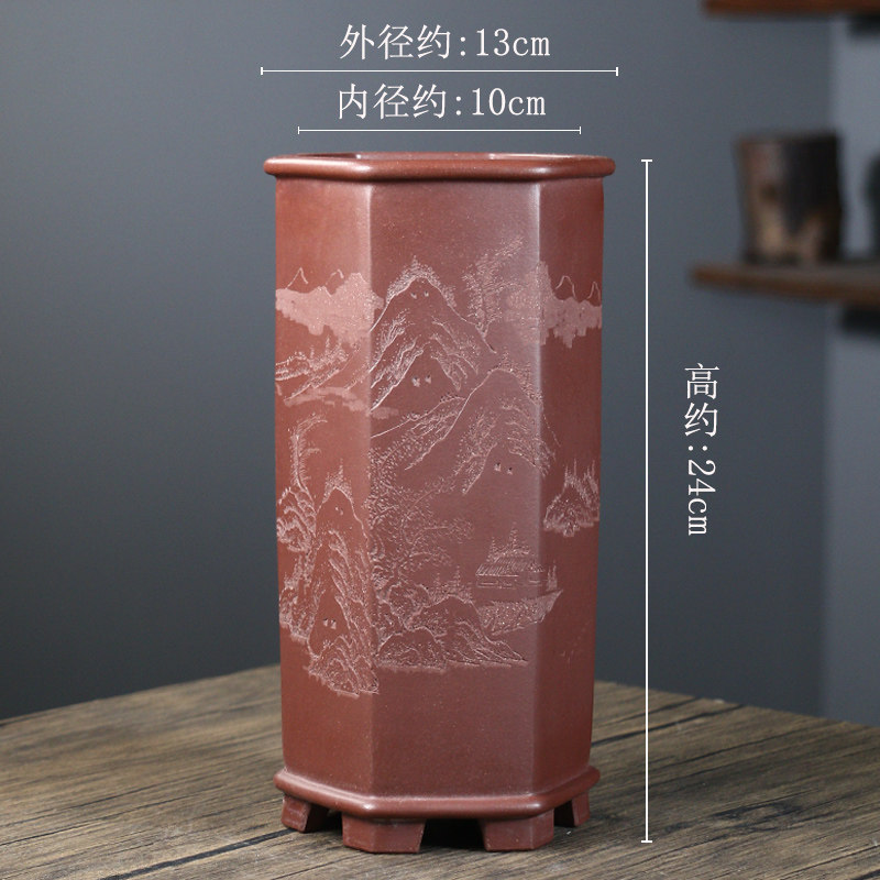 紫砂花盆六方悬崖高签筒李超精品紫砂花盆室内桌面绿植兰花专用盆