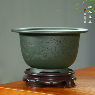 神力紫砂盆手工民国绿泥刻绘圆口小盆景盆桌面菖蒲盆案头绿植文竹