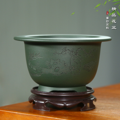 神力紫砂盆手工民国绿泥刻绘圆口小盆景盆桌面菖蒲盆案头绿植文竹