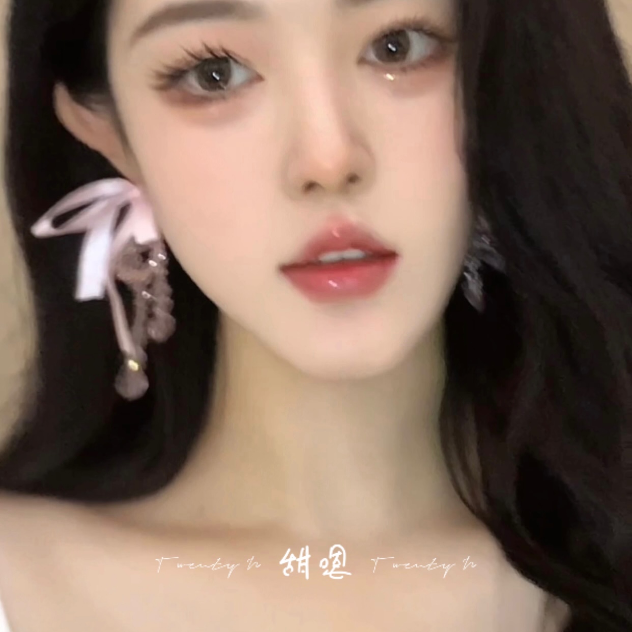粉色芭蕾。法式丝带蝴蝶结耳环超仙甜美闪耀氛围感耳饰无耳洞耳夹