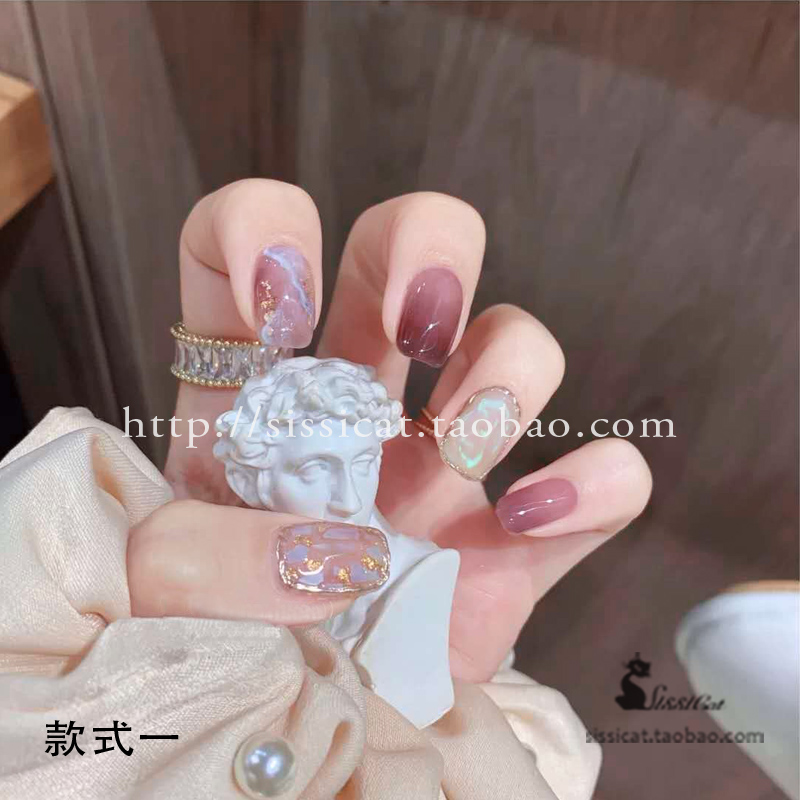小红书爆款拆卸甲片光疗日系假指甲短款立体欧珀石乌梅色显白豹纹