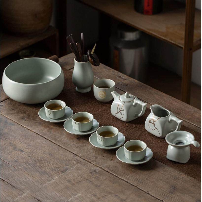 汝窑茶具整套  汝道  描金汝窑汝瓷开片茶壶茶杯15头套装