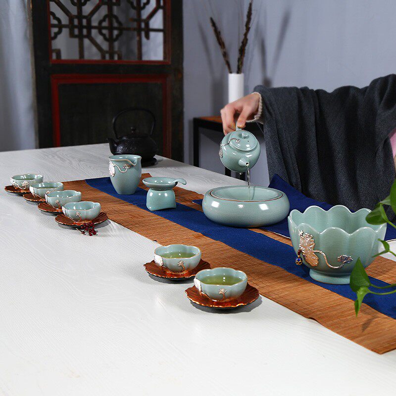 包邮汝窑整套银瓷茶具茶杯 999纯银盘居家功夫茶具高档礼品特价