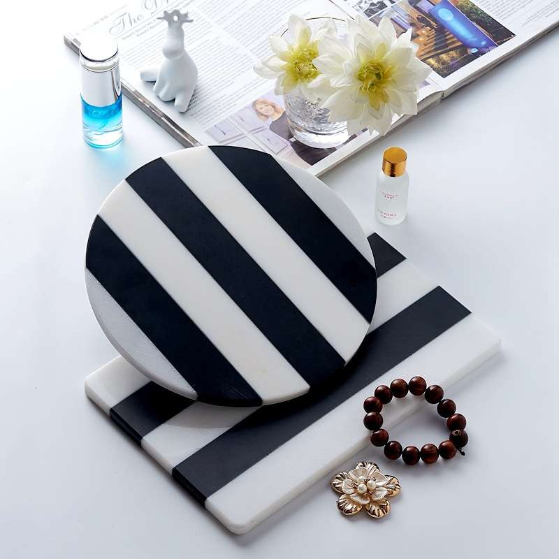 欧式简易软装样板房黑白条纹酒柜吧台摆盘大理石平盘摆件装饰托盘